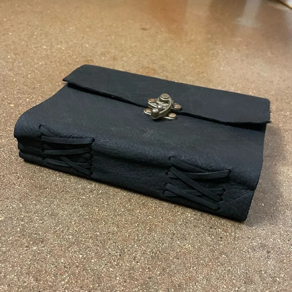 Hand-bound Black Leather Journal with Brass Clasp and Recycled Paper